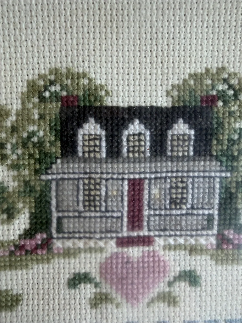 Vintage Framed Pink & Cream Cross-Stitch Welcome